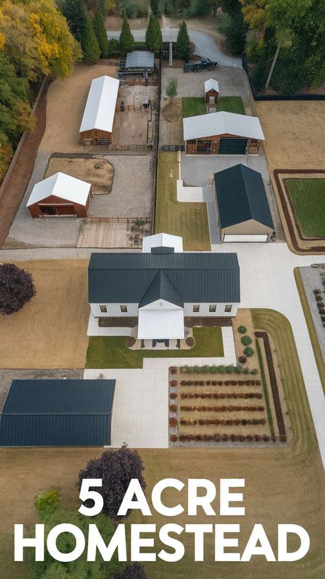 Create a thriving farm on your 5-acre homestead with these comprehensive layout plans. 6 Acres Layout, Small Farm Plans Layout Design, 10 Acre Horse Farm Layout, Farm Plans Layout Design, 1 Acre Backyard Ideas, 5 Acre Farm Layout, 10 Acre Homestead Layout, Farm Layout 10 Acres, Farm Landscape Design