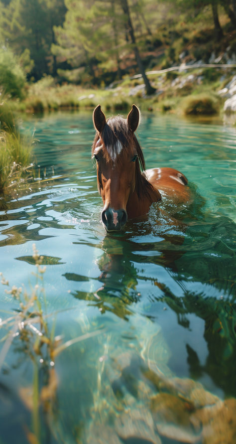 A brave horse glides through the lake, merging grace with serenity. Horse In The Desert, Horse Drinking Water, Wild Horse Pictures, Horses Photography, Horsey Life, Wild Horses Photography, Horse Water, Beautiful Horses Photography, Lake Living