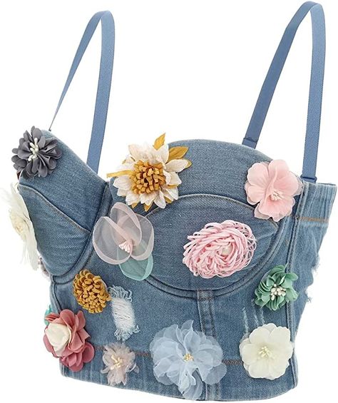 Denim Tank Top, Tank Top Pattern, Floral Bustier, Crop Top With Jeans, Denim Tank, Tank Outfit, Floral Corset, Denim Flowers, Denim Crop Top