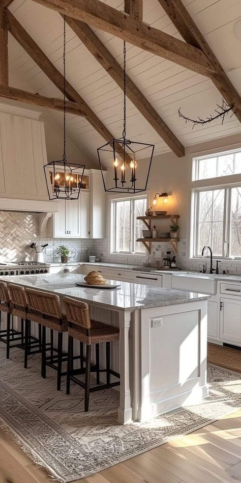 Barndo Kitchen Ideas, New Build House Decor, Dream Country Home, Barndo Kitchen, Multigenerational House Plans, Kitchen Island Lights, Angled Ceiling, Dream Country, Townhouse Interior