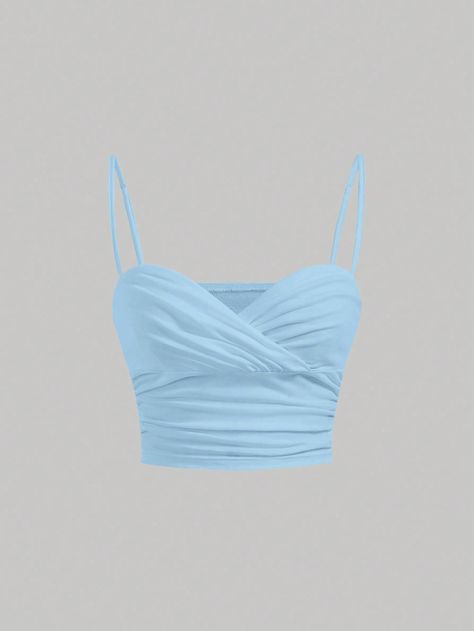 Baby Blue Casual Collar  Knitted Fabric Plain Cami Embellished Medium Stretch  Women Clothing Light Blue Tops For Women, Light Blue Top Outfit, Sky Blue Tops, Shein Crop Tops, Blue Tank Tops, Blue Top Outfit, Black Bandeau Top, Light Blue Crop Top, Top Azul