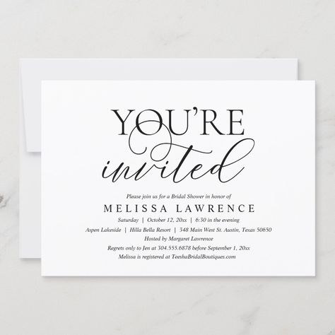 Modern Elegant Script (You are invited) Bridal shower party invitation card. Invite the guests with this perfect Invitation Card. Super easy to add/ edit with your bridal shower party details. Black And White Invitations, House Warming Invitations, Modern Bridal Shower, Party Details, Gold Wedding Invitations, Modern Bridal, Bridal Shower Party, Youre Invited, Party Card