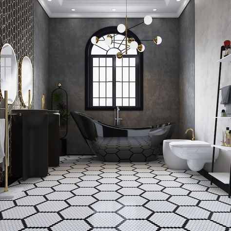 Modern Shower Tile, White Hexagon Tiles, Black White Bathrooms, Fireplace Facade, White Bathroom Tiles, Mosaic Floor Tile, Merola Tile, Porcelain Mosaic Tile, Black And White Tiles