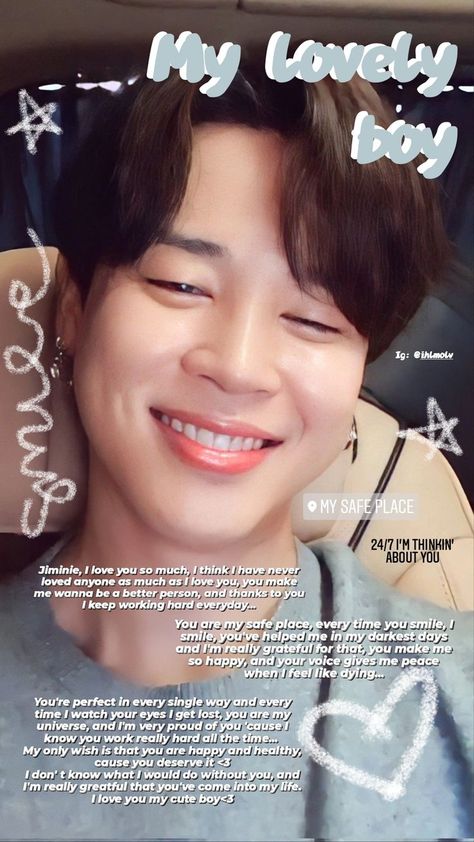 #방탄소년단 #bts #Bangtan #btsarmy #Jimin #ParkJimin #Letter #Idol #InstagramStory #LettertoJimin #toJimin #boyfriendmaterial #Instagram Park Jimin Bts Wallpaper, Jimin Jungkook, Jungkook Cute, I Smile, Your Voice, Love You So Much, Love Letters, You And I, Give It To Me