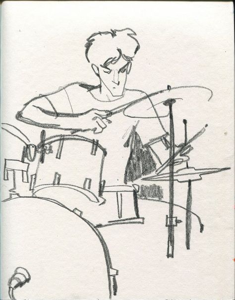 Drummer Sketch, Band Drawing Reference, Drums Reference, Sketchbook Art Inspiration Pencil, Drums Painting, Music Drawing Ideas, Band Sketch, Drawing Ideas Sketch, Universe Drawing