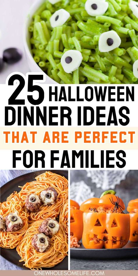 Collage of halloween dinner ideas. Halloween Fun Recipes, Simple Halloween Recipes For Kids, Fun Dinners To Make Together, Halloween Food For Dinner, Halloween Meals For Party Easy, Halloween Theme Food For Kids, Halloween For Kids Food, Family Halloween Dinner, Kid Dinners Ideas