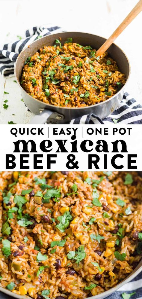 One pot Mexican beef and rice is a simple dinner with pantry staples done it less than 30 minutes! It's gluten-free, dairy-free, and full of protein. It's like a casserole in a skillet! Beef And Rice Recipes, One Pot Mexican, One Pot Rice Meals, Steak And Rice, Healthy Beef Recipes, Mexican Beef, Mexican Dinner Recipes, Healthy Beef, Ground Beef Tacos