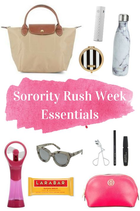 Rush Week Essentials, Rush Bag Essentials, Sorority Tips, Sorority Rush Week Outfits, Rush Bag, Sorority Recruitment Tips, Luxury Dorm, Sorority Rush Week, Bama Rush