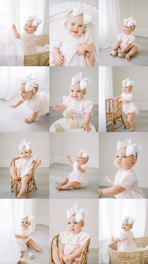 Studio 1st Birthday Pictures, 1 Year Studio Photoshoot, Studio One Year Pictures, Neutral First Birthday Photoshoot, One Year Birthday Pictures, One Year Old Photoshoot Studio, 9 Month Baby Photoshoot, 6months Photoshoot Ideas, All White Photoshoot