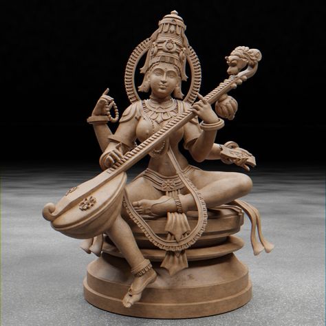 Saraswati Murti Design, Saraswati Murti Photo, Parvati Sculpture, Durga Maa Paintings, Saraswati Devi Sculpture, Hindu Statues Goddesses, Music Sculpture, Zbrush Models, Buddhist Art Drawing