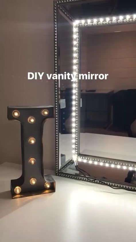 DIY Vanity Mirror. I used any mirror and LED strip lights. Strip Lighting Ideas, Led Strip Lighting Ideas, Diy Makeup Mirror, Vanity Makeup Rooms, Diy Vanity Mirror, Lighting Makeover, Foyer Lighting Fixtures, Diy Pendant Light, Hollywood Mirror