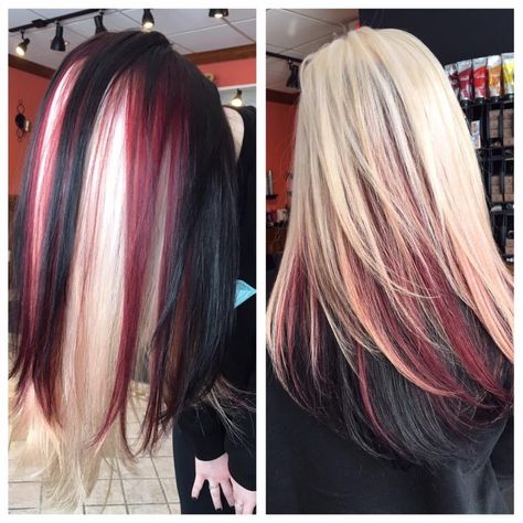 Raspberry Sundae Hair, Red Black And Blonde Hair Color Ideas, Red Blond And Black Hair, 2 Tone Blonde Hair, Blonde Red Black Hair, Black White And Red Hair, Blonde Black And Red Hair, Black Red Blonde Hair, Pink Blonde And Black Hair