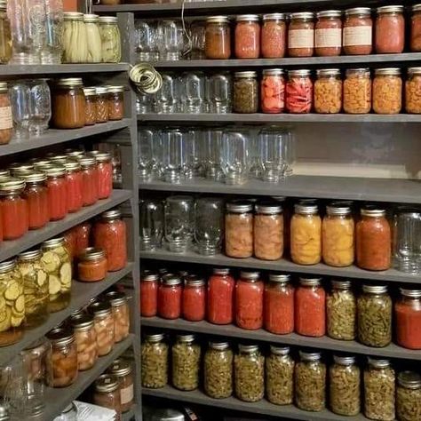 Canning Storage Shelves, Diy Canning Storage, Jar Storage Ideas, Canning Shelf, Canning Shelves, Open Shelf Pantry, Food Shelves, Basement Pantry, Canning Storage