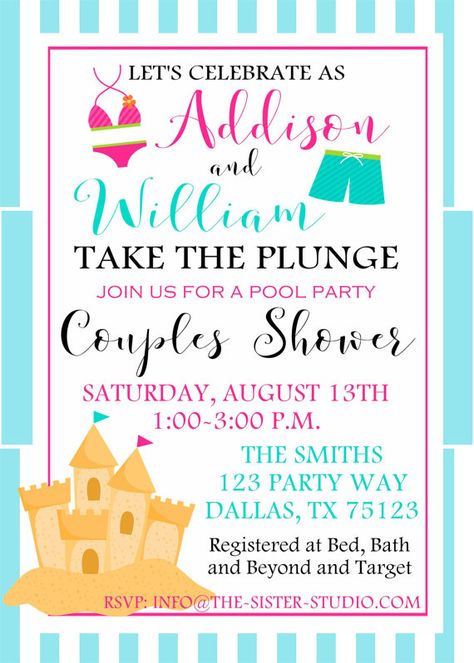 Couples Shower Invitation Engagement Party by StudioInvitations Pool Party Couples Shower Ideas, Couples Wedding Shower Pool Party, Couples Shower Themes, Backyard Engagement Parties, Pool Shower, Summer Couples, Couple Wedding Shower, Pool Party Invitations, Couples Shower Invitations