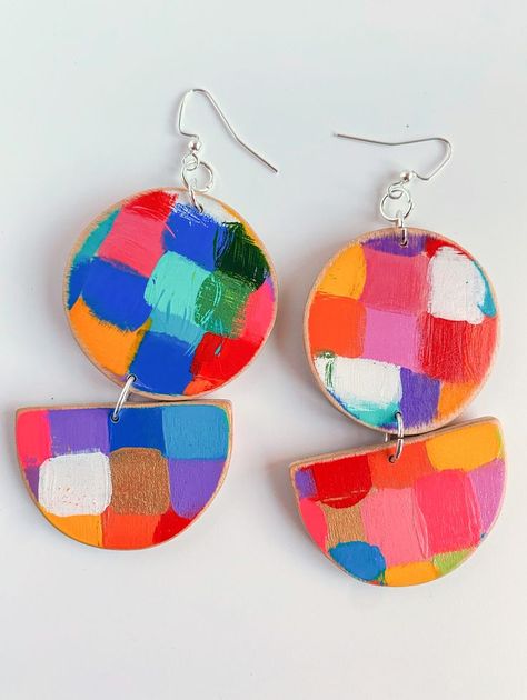 Hand painted wooden earrings with a colorful squares design, made from a large circle and semi-circle.. The findings are silver and nickel free with ear wires. Made from lightweight maple they are 2.5 inches long and priced at $35 Diy Earrings Painted, Painted Wooden Earrings Handmade, Wooden Painted Earrings, Handpainted Earring, Virginia Forest, Hand Painted Earrings Wood, Enamelled Jewellery, Painting Earrings, Forest Studio