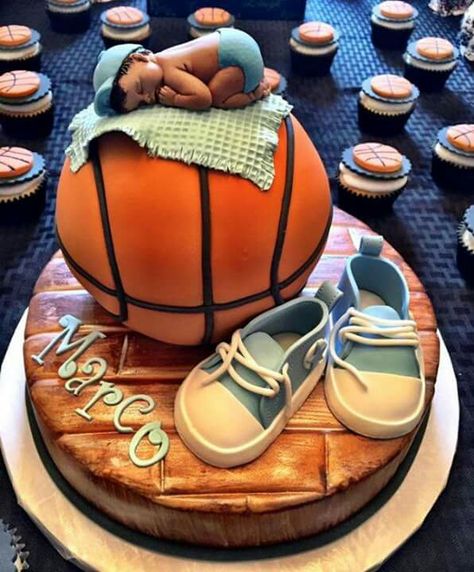 monthly baby cakes inspo Boy basketball baby shower cake                                                                                                                                                                                 More Basketball Theme Baby Shower, Basketball Baby Shower, Sports Baby Shower Theme, Football Baby Shower, Sports Baby Shower, Basketball Baby, Baby Shower Cakes For Boys, Basketball Theme, Trendy Baby Shower Ideas