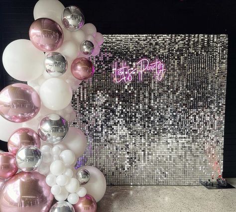 Party Idea Decorations, Night At The Disco Prom, Let’s Party Backdrop, Disco Bachelorette Backdrop, 20th Birthday Backdrop Ideas, Pink And Silver 21st Birthday Party, 18th Party Decor, In My 30s Era Party, First Disco Birthday Party