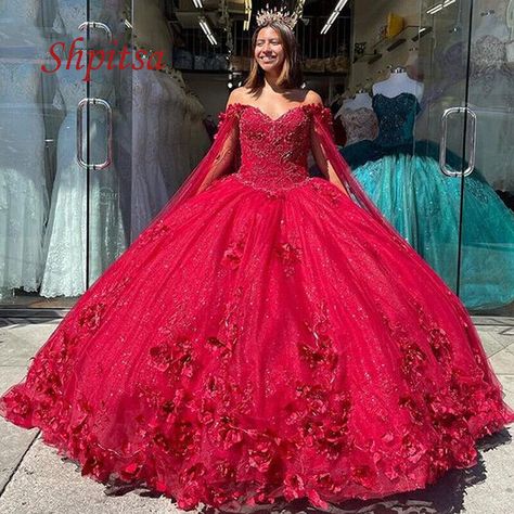 Sweet 16 Dress, Tulle Cape, Flower Princess, Dress With Cape, Red Quinceanera Dresses, Quince Dress, 16 Dress, Princess Ball Gowns, Sweet 15