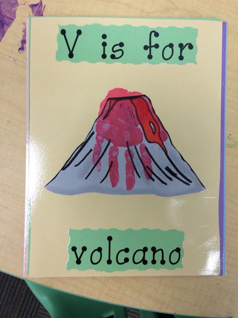 V is for volcano - lava made with child's handprint V Is For Craft, V Is For Volcano, Letter V Crafts, Volcano Lava, August Crafts, Prek Crafts, Infant Classroom, Hanukkah Crafts, Preschool Projects