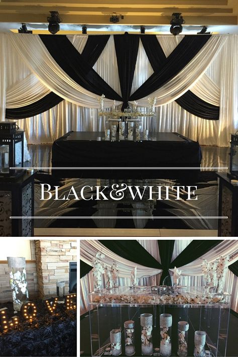 Exquisite black and white themed wedding decor with matching floral centerpieces and love signage. Riverside Signature Banquet Hall in Surrey, wedding venue Vancouver. Black And White Draping Wedding, Black And White Stage Decor, Black Wedding Backdrop, Black And White Backdrop, White Themed Wedding, Harlem Nights, Black White Parties, Black And White Wedding, Wedding Hall