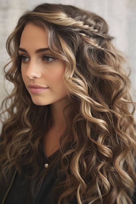 20 Cute Wedding Guest Hairstyles That Will Make You Stand Out Womens Curled Hairstyles, Bridesmaid Hairstyles Extensions, Beach Wedding Hair Long Loose Waves Side Braids, Wading Hairstyles, Cascading Curls Updo, Curls And Braids Hairstyles, Loose Curl Hairstyle, Messy Curls Long Hair, Long Loose Curls Hairstyles