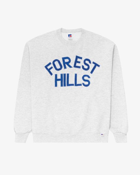 Forest Hills Graphic Crewneck Sweatshirt – Aimé Leon Dore Sweatshirt Inspiration, Minimal Shirt Design, Winter Tees, Leon Dore, Sports Logo Design, Aime Leon Dore, Forest Hills, Crewneck Design, Grey Crewneck