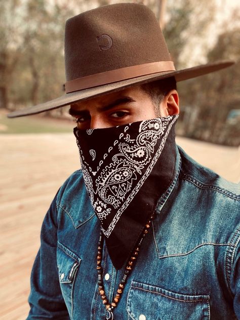 Styled by me: @TheOrlyChoice Modern Western Fashion Bandana Americana Outfit Denim Cowboy Cowboy Bandana Outfit, Denim Cowboy Hat, Cowboy With Bandana, Bandanna Outfits, Explorer Archetype, Outfit Bandana, Modern Western Fashion, Americana Outfits, Country Mens Fashion