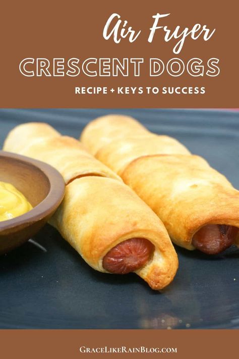 Air Fryer Crescent Dogs are a fun little snack or quick meal that are a detour from your normal Hot Dogs with buns. They cook up in just minutes in the Air Fryer. | Hot Dogs Wrapped in Crescent Rolls | Air Fried Crescent Hot Dogs | Crescent Rolls around Hot Dogs Air Fryer | #AirFryer #EasySnacks #EasyMeals #CrescentRolls #HotDogs Air Fryer Crescent Roll Hot Dogs, Hot Dog Crescent Rolls Air Fryer, Croissant Wrapped Hot Dogs, Croissant Hot Dogs Crescent Rolls, Airfryer Croissant, Crescent Roll Hot Dogs, Appetizer Foods, Airfryer Snacks, Airfryer Food