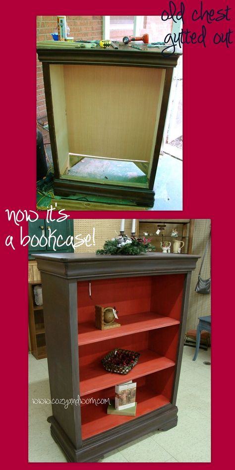 Distressed Chest Turned into Bookcase.  I love how they did the inside in a cute color!  Mirrored dresser? Bookshelf Storage Ideas, Bar Stools Repurposed, Mirrored Dresser, Repurposed Dresser, Furniture Redos, Goodwill Finds, Upcycle Ideas, Homemade Art, Bookshelf Storage