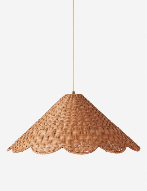 The Marzo pendant light brings natural-texture impact overhead. The scalloped shade is woven from sustainably harvested rattan, complete with an antique brass chain and canopy for a chic look and polished finish. This tapered pendant styles great as a standalone light or in multiples for a kitchen or large living space. Rattan Pendant Light Kitchen, Rattan Lamps, Marsh House, Woven Pendant Light, Rattan Pendant Lights, Disc Interiors, Holiday Living Room, Rattan Light Fixture, Rattan Chandelier