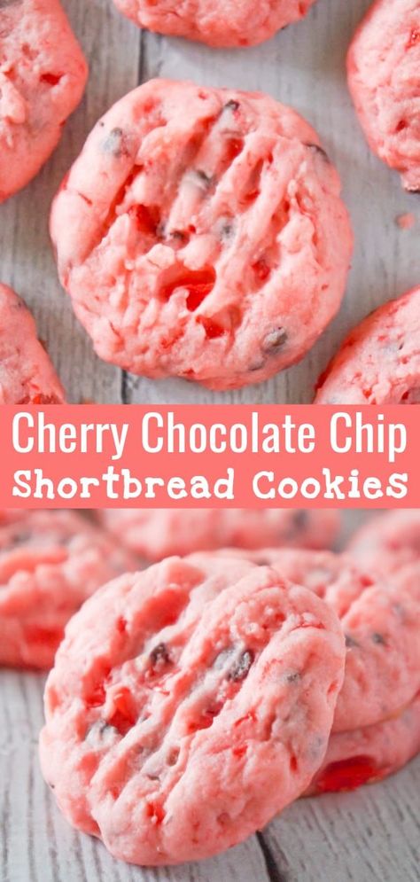 Cherry Chocolate Chip Shortbread Cookies are soft, buttery cookies loaded with chopped maraschino cherries and mini chocolate chips. Chocolate Chips Recipe, Cookies 2023, Chocolate Chip Shortbread, Shortbread Cookies Christmas, Chocolate Chip Shortbread Cookies, Cherry Cookies, Maraschino Cherries, Cherry Chocolate, Shortbread Cookie Recipe