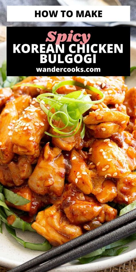 Chicken bulgogi (dak bulgogi) is one of the easiest Korean BBQ style dishes you can make at home. Just marinate and fry! Think tender chicken thighs coated in a spicy gochujang based sauce and fried to juicy perfection in 15 minutes. Ready to turn up the heat? Korean Style Bbq Chicken, Bulgogi Recipe Chicken, Gojujang Chicken, Dak Bulgogi Recipe, Gochujang Chicken Recipe, Spicy Chicken Bulgogi, Dak Bulgogi, Chicken Bulgogi, Recipes Korean