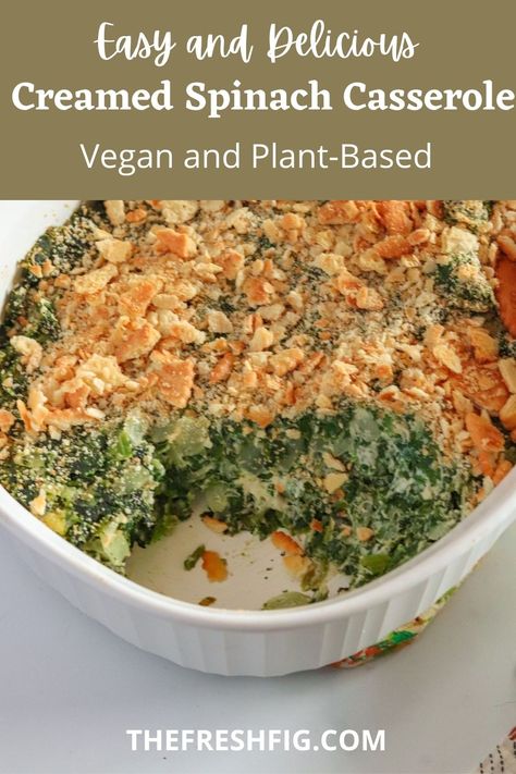 This Vegan Creamed Spinach Casserole is the ultimate side dish! Easy and quick to make and full of creamy and delicious flavor! Vegan Spinach Casserole, Vegan Creamed Spinach, Creamed Spinach Casserole, Spinach Casserole Recipes, Spinach Bake, Cracker Toppings, Spinach Casserole, Holiday Ham, Cream Of Mushroom Soup