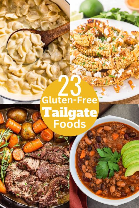 A collage with 4 different gluten free tailgate recipes. Gf Tailgate Food, Gluten Free Tailgating Food, Gluten Free Game Day Food, Gluten Free Football Party Food, Gluten Free Tailgate Food, Talegate Food, Tailgate Food Cold, Tailgate Food Ideas, Football Season Food