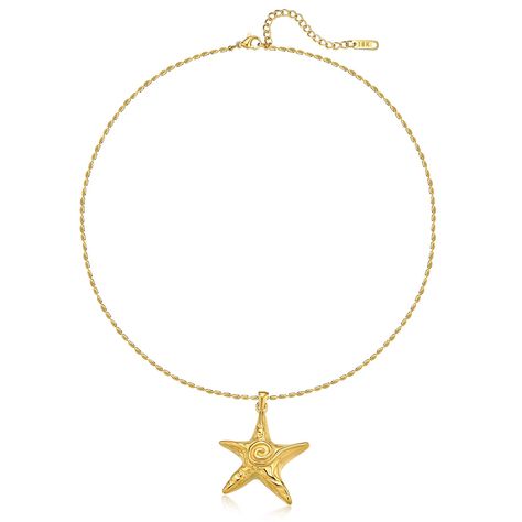 PRICES MAY VARY. Elegant Starfish Design - This gold starfish pendant necklace for women features a stunning spiral starfish motif, symbolizing serenity, guidance, and beauty from the sea. The large sea star pendant is beautifully crafted, showcasing the details of the starfish's unique shape and texture, making it a stunning centerpiece High-Quality Material - Make a bold statement with this exquisite sea animal pendant necklace. The unique starfish design is crafted from high-quality 316L stai Starfish Gold Necklace, Shell Gold Necklace, Beach Gold Jewelry, Beachy Necklaces, Gold Shell Necklace, Beachy Necklace, Gold Star Pendant, Starfish Design, Coastal Jewelry