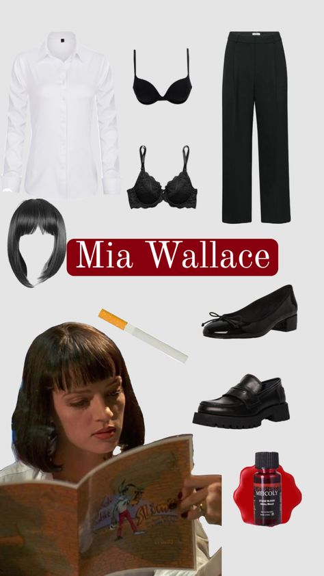 Uma Thurman Mia Wallace Pulp Fiction Quentin Tarantino film halloween costume idea/inspo, easy halloween costume, costume with pieces you own, halloween costume with clothes from your closet, diy costume #halloween #halloween2023 #miawallace #umathurman #pulpfiction #quentintarantino #halloweenaesthetic #halloweencostume #halloweencostumeidea Disfraz Pulp Fiction, Disfraz Mia Wallace, Mia Wallace Halloween Costume, Easy Character Costumes, Mia Wallace Halloween, Pulp Fiction Halloween, Pulp Fiction Halloween Costume, Pulp Fiction Costume, Mia Wallace Costume