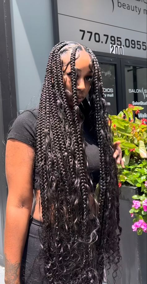 Big Knotless Braids With Curls, Big Boho Knotless Braids, Large Boho Box Braids, Jumbo Knotless Boho Braids, Large Knotless Box Braids Boho, Jumbo Bohemian Knotless Braids, Large Knotless Braids With Curly Ends, Large Boho Braids, Large Goddess Braids