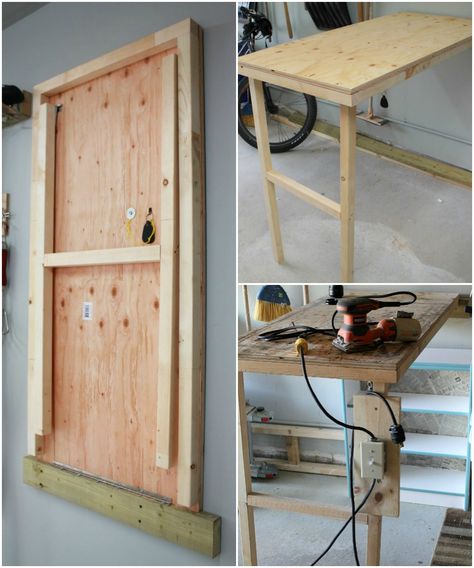 DIY fold-up work table for the garage with power switch Turtles and Tails Murphy Table, Små Rum Lidt Plads, Craft Table Diy, Diy Water Fountain, Wall Table, Household Furniture, Diy Desk, Diy Garage, Craft Table