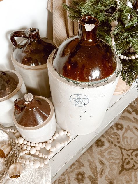 Antique Crocks Decor Ideas, Crocks Decor Ideas, Crocks Decor, How To Make Whiskey, Jug Decor, Antique Crocks, Vintage Containers, Antique Finds, Antique Stoneware