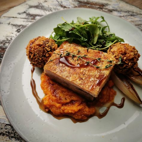 Hepburns Confit Pork Belly with Black Pudding Croquettes - Hepburns Food - Butchers and Fine Foods in Essex Roasted Shallots, Dinner Party Dishes, Squash Puree, Creamy Mash, Black Pudding, Pomegranate Molasses, Roasted Squash, Roast Dinner, Vegetable Seasoning