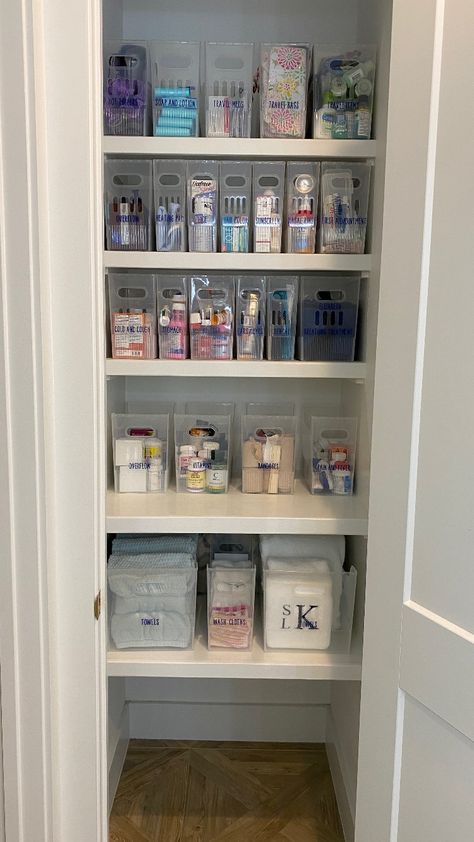 Bathroom Closet Organization and Storage! Medicine Organization Small Space, Esthetician Storage Cabinet, Medicine Closet, Organize Small Bathroom Closet, Bath Cabinet Organization, Bathroom Cupboard Organization Under Sink Master Bath, Bathroom Organization Categories, Bathroom Cupboard Organization Ideas, Bathroom Built In Organization