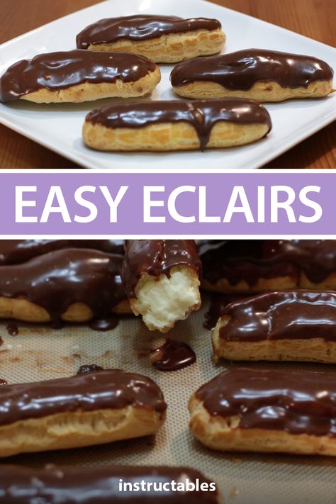 Easy Eclair Recipe, Easy Eclairs, How To Make Eclairs, Chocolate Eclair Recipe, Chocolate Eclairs, Eclair Recipe, Homemade Snickers, Chocolate Eclair, Oreo Brownies