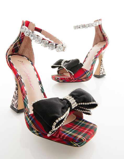 Textile plaid heel with rhinestone ankle strap and embellished bow Rhinestone ankle strap w/ back zipper Synthetic lining Synthetic sole 4 inch heel height Imported Pink Shoes Heels, Plaid Heels, Betsey Johnson Clothes, Betsey Johnson Shoes, Fierce Women, Popular Handbags, Bow Heels, Rhinestone Bow, Embellished Sandals