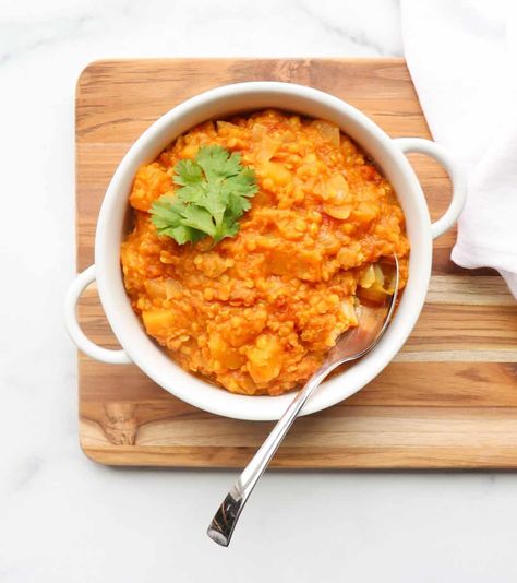 This Curry Butternut Squash Red Lentil Stew recipe is a comforting meal that is easy to make. Full of nourishing ingredients such as, protein-rich red lentils, hearty butternut squash, creamy coconut milk, and curry spice. It’s a healthy vegan stew recipe that is perfect for the cooler weather! Vegan Soup Recipes Easy, Vegan Soup Recipes Healthy, Red Lentil Stew, Vegan Stew Recipes, Lentil Stew Recipes, Butternut Squash Stew, Easy Vegan Soup, Curry Spice, Vegan Curry Recipes