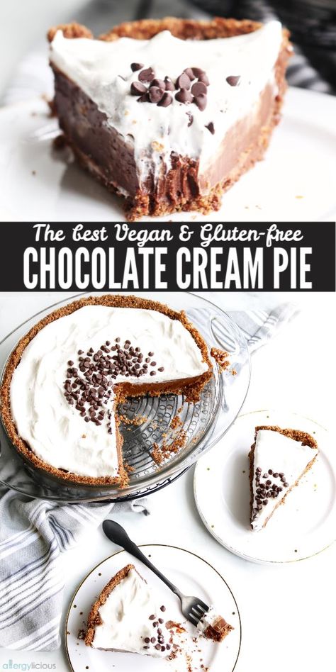 Creamy and silky, this Vegan Chocolate Dream Pie is a chocolate lovers dream! Made with an easy homemade pudding layered inside a cookie crust and topped with sweetened coco whip and chocolate chips. This Chocolate Cream Pie is PERFECT in so many ways. #chocolatepie #chocolatecream #veganchocolate #glutenfreecreampie #dairyfreecreampie #nutfreecreampie Dream Pie, Vegan Pies Recipes, Chocolate Pie With Pudding, Homemade Pudding, Chocolate Cream Pie, Gluten Free Pie, Cookie Crust, Chocolate Pies, Vegan Dessert Recipes