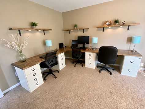 Two 8’ butcher block counters on wooden file cabinets. Fits 3 people. Three 4’ butcher block shelves finished the same. #diy #diyofficedesk 2 Person Office Design, Ikea 3 Person Desk, Shared Home Office Ideas Small Spaces, 2 Desk Office Layout, Office For Two People Layout, Double Office Desk, Office For Two People, Small Home Office For Two, Home Office For Two People