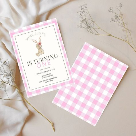 Some Bunny Is Turning One, Bunny 1st Birthday, Minimalist Girl, Invitation Minimalist, 1st Birthday Invite, 1st Birthday Party Themes, Pink Checkered, Turning One, 1st Birthday Invitations