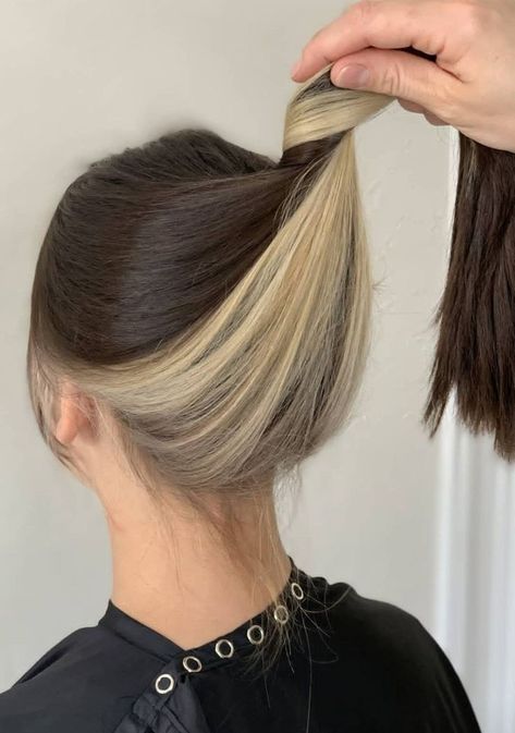 Blonde Hidden Hair, Different Color Underneath Hair, Light Underneath Dark On Top Hair, Sunk Hairstyles, Discreet Hair Color, Long Brown Hair With Blonde Underneath, Brown Over Blonde Hair, Light Hair Underneath Dark On Top, Easy Diy Hair Dye Ideas