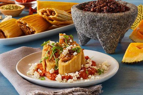 Carnitas Tamales, Aaron Sanchez, Jackfruit Carnitas, Creamy Salsa, Grilled Avocado, Dried Corn, Goat Cheese Salad, Twice Baked Potatoes, Hispanic Heritage Month