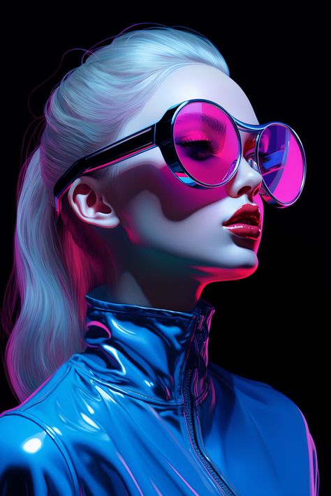 This concept with glasses is created in Midjourney. Prada's cyberpunk concept. Subscribe, there are many inspirational images here. Glasses Concept Art, 3d Glasses Art, Transition Glasses, Cyberpunk Portrait, Cyberpunk Photography, Cyberpunk Concept, Futuristic Character, Futuristic Sunglasses, Comic Face